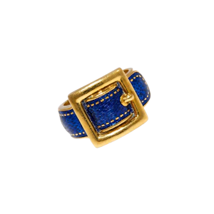 French 18ct Gold & Blue Guilloché Enamel Buckle Ring, c.1960