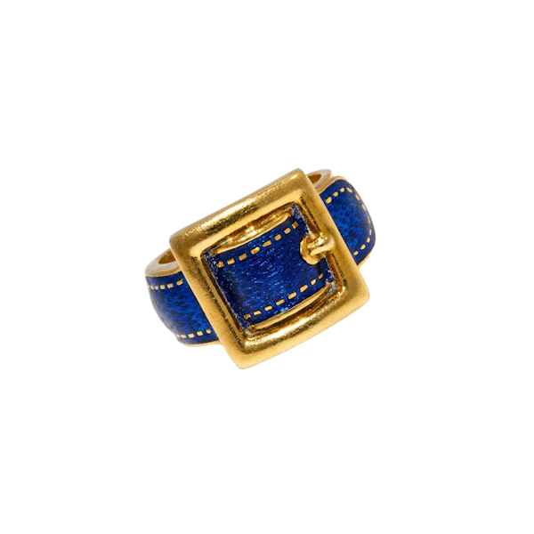 French 18ct Gold & Blue Guilloché Enamel Buckle Ring, c.1960 - image 1