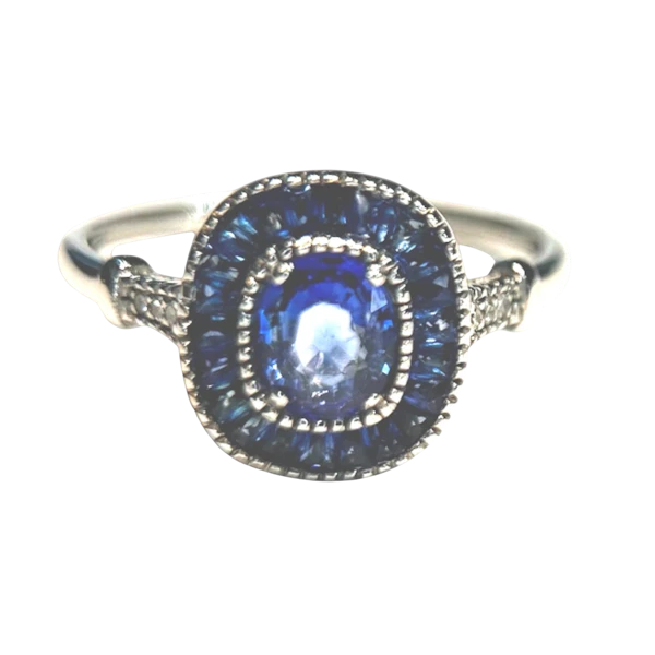 Ceylon Sapphire & Diamond Halo Ring in Platinum - image 1