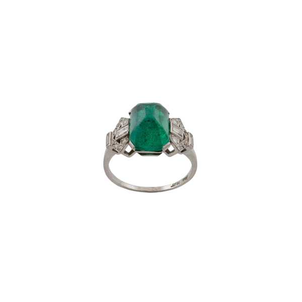 Platinum Sugarloaf Emerald and Diamond Cocktail Ring Spectrum Antiques - image 1