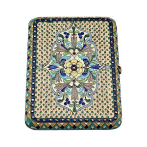 Russian silver gilt and cloisonné enamel cigarette case, Moscow , c.1910 by Pavel Ovchinnikov.