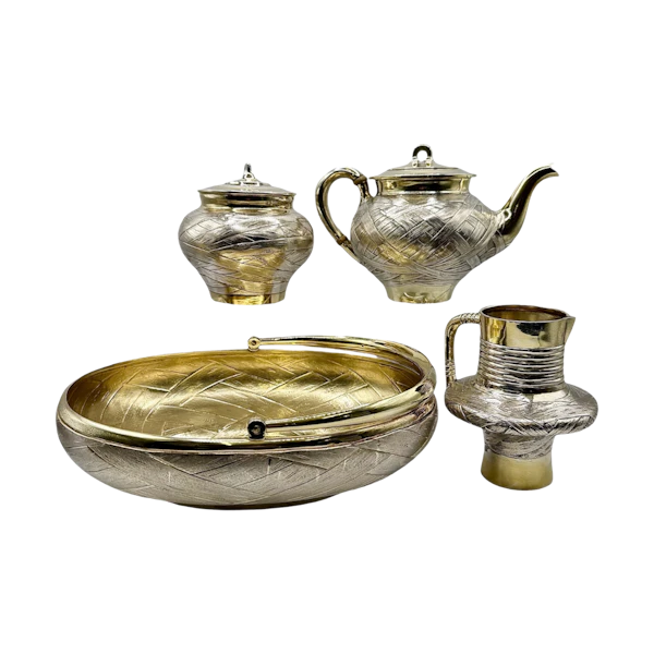 19th century Russian silver gilt trompe l'oeil four piece tea set, St Peterburg. - image 1