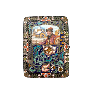 Russian silver gilt, shaded and pictorial enamel cigarette case, Moscow, c.1910.