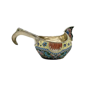 Russian silver gilt shaded and cloisonné enamel kovsh, 6th Moscow Artel, c.1910.