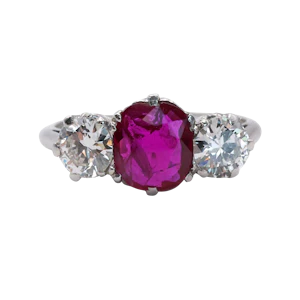 Vintage Ruby, Diamond and Platinum Three Stone Ring, Circa 1950