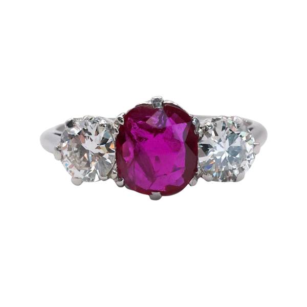 Vintage Ruby, Diamond and Platinum Three Stone Ring, Circa 1950 - image 1