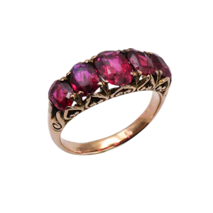 Antique Ruby and Gold Carved Five Stone Ring, Circa 1910