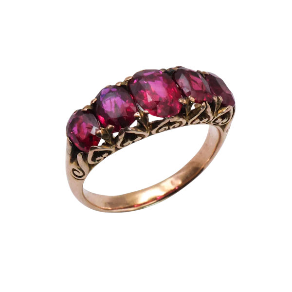 Antique Ruby and Gold Carved Five Stone Ring, Circa 1910 - image 1