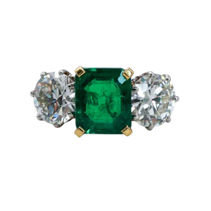 Colombian Emerald, Diamond, Gold and Platinum Three Stone Ring