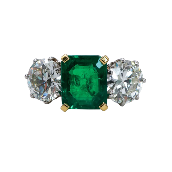 Colombian Emerald, Diamond, Gold and Platinum Three Stone Ring - image 1