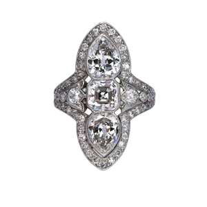 Edwardian Diamond, Platinum and Gold Three Stone Plaque Ring, Circa 1910, 4.60 Carats