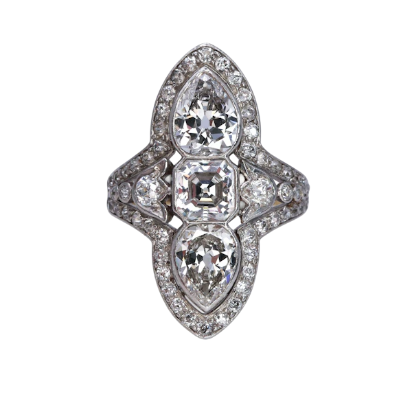 Edwardian Diamond, Platinum and Gold Three Stone Plaque Ring, Circa 1910, 4.60 Carats - image 1