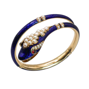 Victorian Blue Enamel, Pearl, Garnet and Gold Snake Bangle, Given by Adelaide Queen Dowager, to Lady Susan Harcourt, 1849