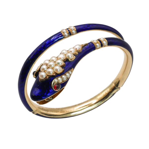 Victorian Blue Enamel, Pearl, Garnet and Gold Snake Bangle, Given by Adelaide Queen Dowager, to Lady Susan Harcourt, 1849 - image 1