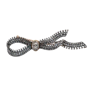 Antique Diamond and Silver Upon Gold Bow Brooch, Circa 1850