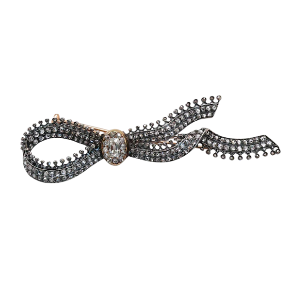 Antique Diamond and Silver Upon Gold Bow Brooch, Circa 1850 - image 1