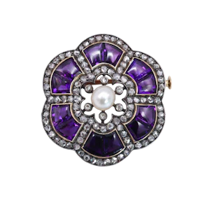 Belle Époque Austrian Amethyst, Pearl, Diamond, Silver and Gold Brooch, Circa 1910