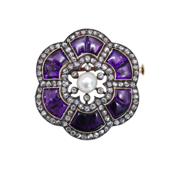 Belle Époque Austrian Amethyst, Pearl, Diamond, Silver and Gold Brooch, Circa 1910 - image 1