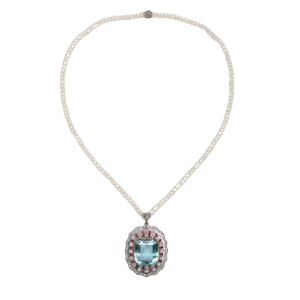 Belle Époque Grand Duchess Alexandra of Mecklenburg-Schwerin Aquamarine, Diamond, Ruby, Pearl Pendant Necklace, Circa 1905