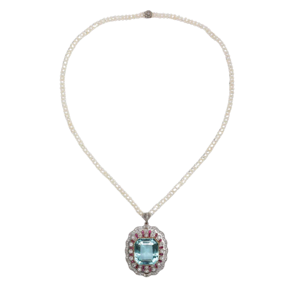 Belle Époque Grand Duchess Alexandra of Mecklenburg-Schwerin Aquamarine, Diamond, Ruby, Pearl Pendant Necklace, Circa 1905 - image 1