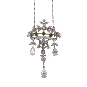 Georges Le Saché for Vever Belle Époque Emerald Diamond Platinum and Gold Brooch-Cum-Pendant Necklace, Circa 1900