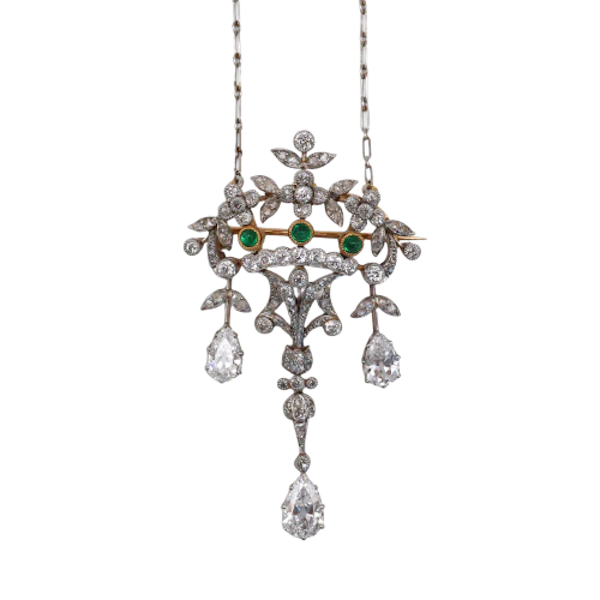 Georges Le Saché for Vever Belle Époque Emerald Diamond Platinum and Gold Brooch-Cum-Pendant Necklace, Circa 1900 - image 1