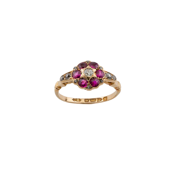 Edwardian 18ct Gold Diamond and Ruby Cluster Ring Spectrum Antiques - image 1