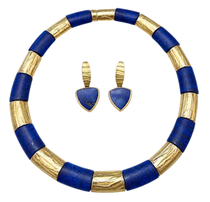Charmian Harris Lapis Lazuli Sterling silver / Gold Necklace and Earrings. Mark Constable Unit 301