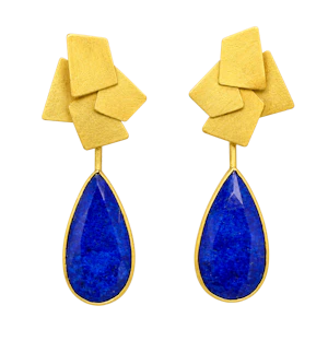 Daphne Krinos Elegant drop-shaped lapis lazuli & rock crystal earrings with recycled 18K gold. 5cm long Mark Constable Unit 301