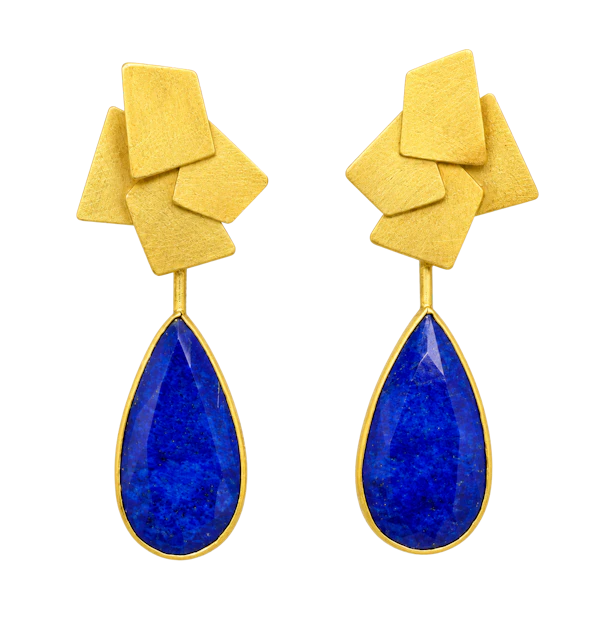 Daphne Krinos Elegant drop-shaped lapis lazuli & rock crystal earrings with recycled 18K gold. 5cm long Mark Constable Unit 301 - image 1