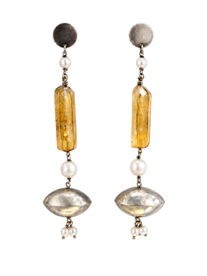 Gerda Flöckinger Rare kinetic sterling silver, pearl and citrine long dangle earrings. Mark Constable, Unit 301.