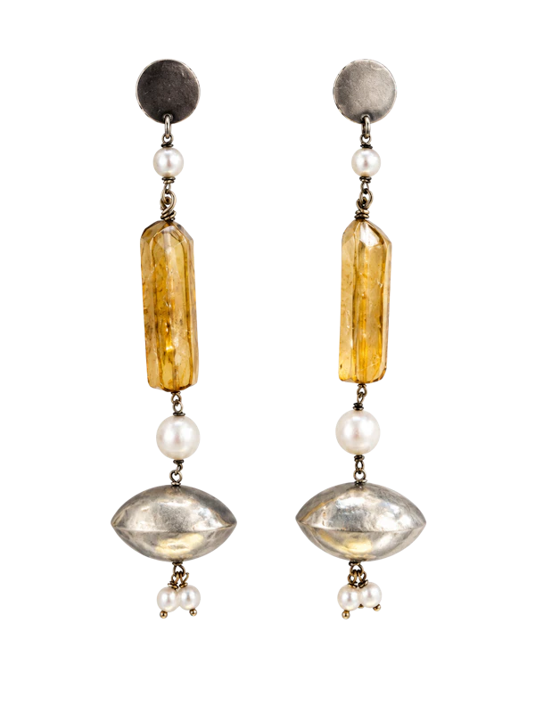 Gerda Flöckinger Rare kinetic sterling silver, pearl and citrine long dangle earrings. Mark Constable, Unit 301. - image 1
