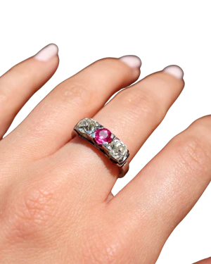 Antique Pink sapphire & Old Cut Diamond Trilogy Ring