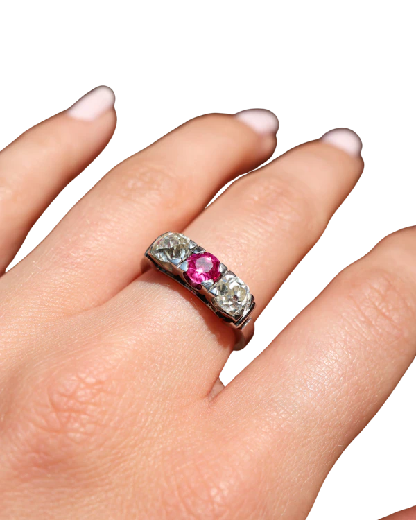 Antique Pink sapphire & Old Cut Diamond Trilogy Ring - image 1