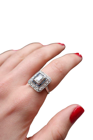 Art Deco Platinum, Diamond, and Sapphire Target Ring