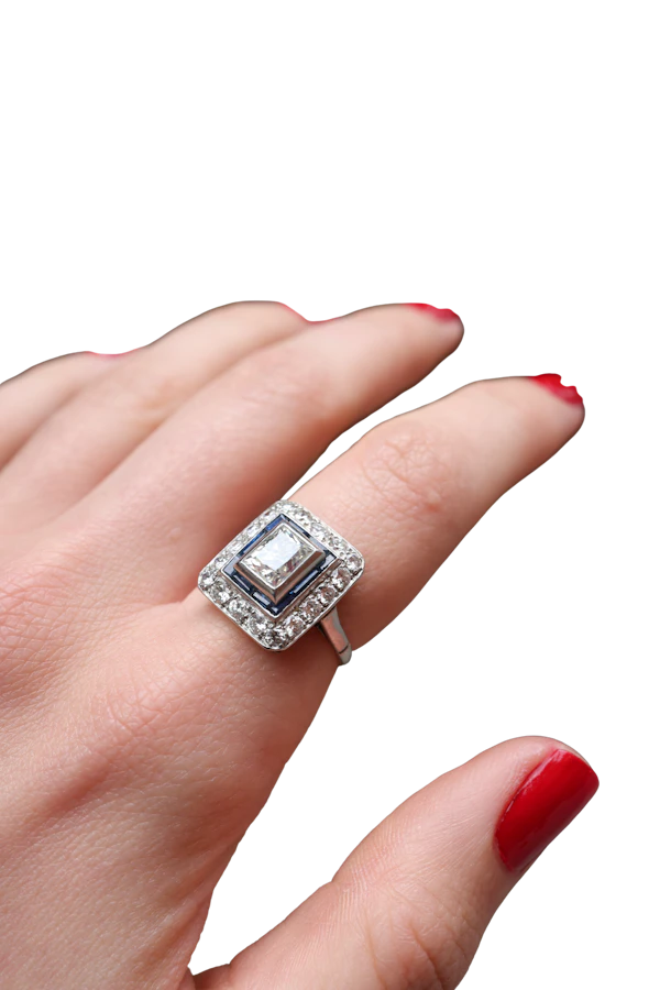 Art Deco Platinum, Diamond, and Sapphire Target Ring - image 1