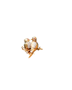 Vintage Herbert Rosenthal 18k Gold, Diamond, and Ruby "Lovebirds" Brooch