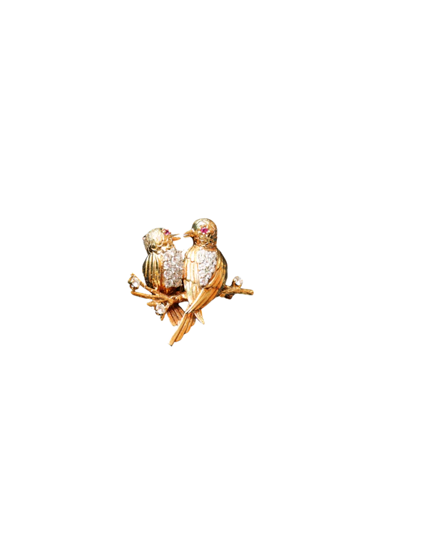 Vintage Herbert Rosenthal 18k Gold, Diamond, and Ruby "Lovebirds" Brooch - image 1