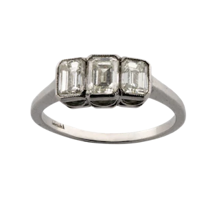 Art Deco 18ct White Gold Emerald-Cut Diamond Three Stone Ring- Spectrum Antiques
