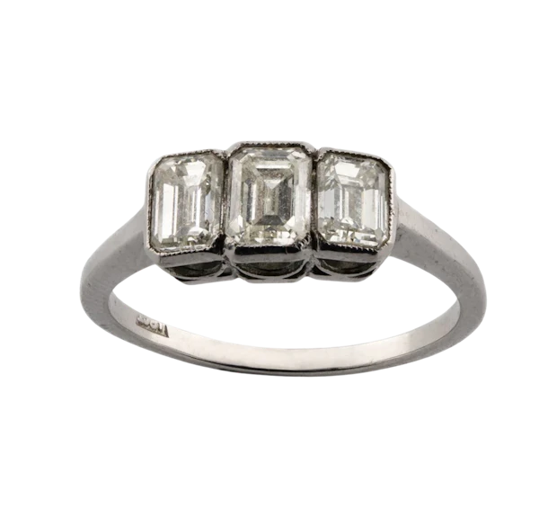 Art Deco 18ct White Gold Emerald-Cut Diamond Three Stone Ring- Spectrum Antiques - image 1