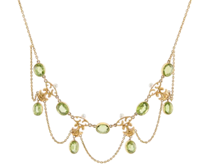 Peridot and Seed Pearl Fringe Necklace in 15ct Gold- Spectrum Antiques