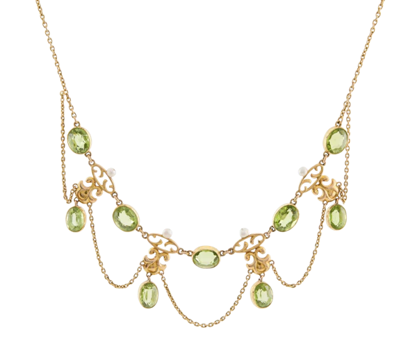 Peridot and Seed Pearl Fringe Necklace in 15ct Gold- Spectrum Antiques - image 1