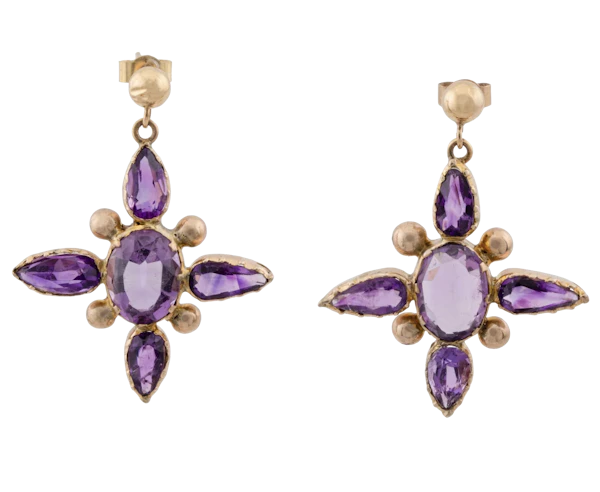 Vintage 10ct Yellow Gold Amethyst Star Drop Earrings- Spectrum Antiques - image 1