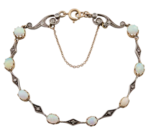 Edwardian 9ct Gold and Silver Opal and Diamond Bracelet- Spectrum Antiques