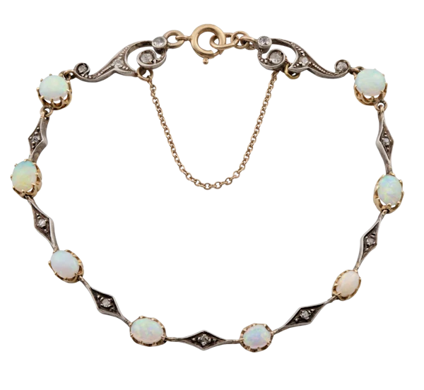 Edwardian 9ct Gold and Silver Opal and Diamond Bracelet- Spectrum Antiques - image 1