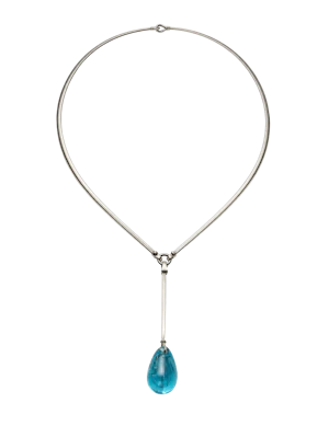 Vivianna Torun Bülow-Hübe, circa 1960s. French  Rare sculptural silver neck ring with a long articulated drop suspending a striking blue glass pendant. Mark Constable Unit 301