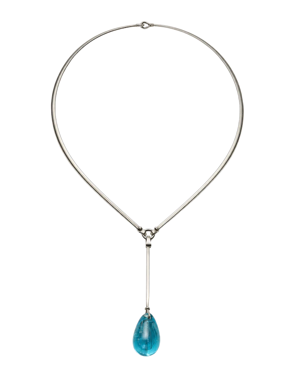 Vivianna Torun Bülow-Hübe, circa 1960s. French  Rare sculptural silver neck ring with a long articulated drop suspending a striking blue glass pendant. Mark Constable Unit 301 - image 1