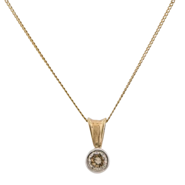 Vintage 9ct Gold Rubover Brown Diamond Pendant on Chain- Spectrum Antiques - image 1