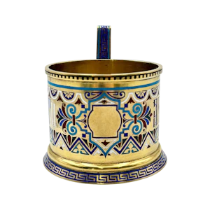 Russian silver and champleve enamel tea glass holder, St Petersburg, 1890s.