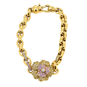 18ct Yellow Gold Pink & Yellow Diamond Floral Bracelet.
